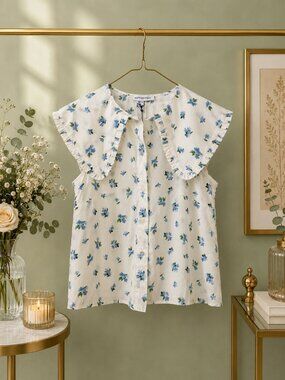 WEWOREWHAT Ruffle Collar Button Up Top XS Watercolor Ditsy Floral NWT